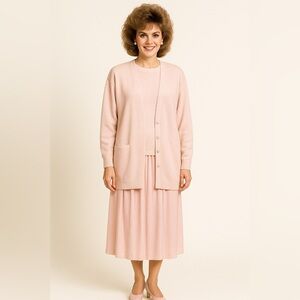 🌸 Vintage 1980s Chaus Sweater & Skirt Set – Soft Pink – Size L / 14 🌸